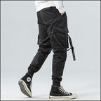 Men's Black Techwear Cargo Joggers with Buckle Straps