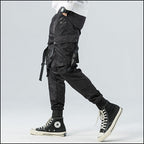 Men's Black Techwear Cargo Joggers with Buckle Straps
