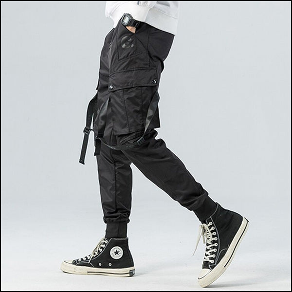 Men's Black Techwear Cargo Joggers with Buckle Straps