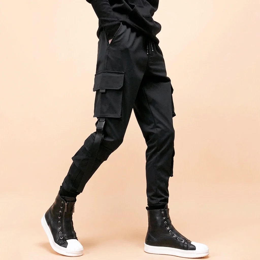 Black Techwear Cargo Jogger Pants with Buckle Straps