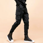 Black Techwear Cargo Jogger Pants with Buckle Straps