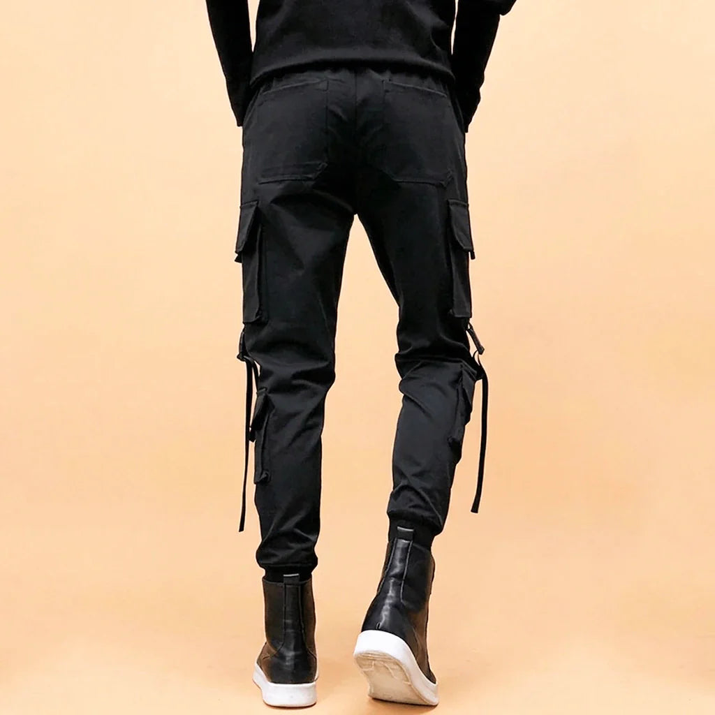 Black Techwear Cargo Jogger Pants with Buckle Straps