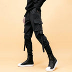 Black Techwear Cargo Jogger Pants with Buckle Straps