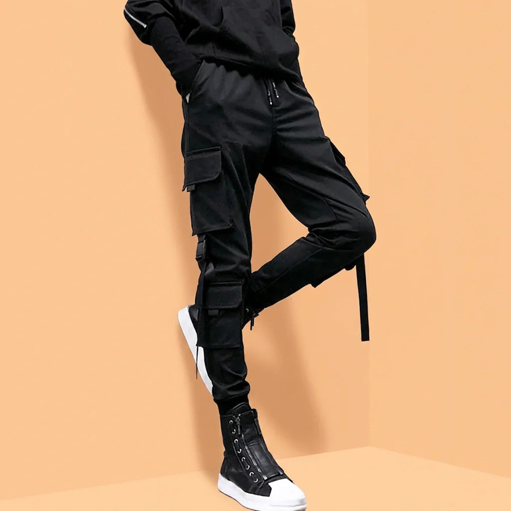 Black Techwear Cargo Jogger Pants with Buckle Straps