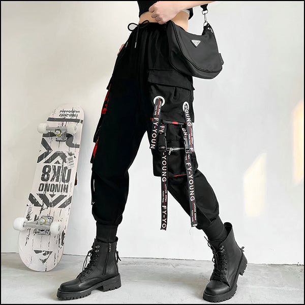 Black Techwear Cargo Joggers with Red Accents