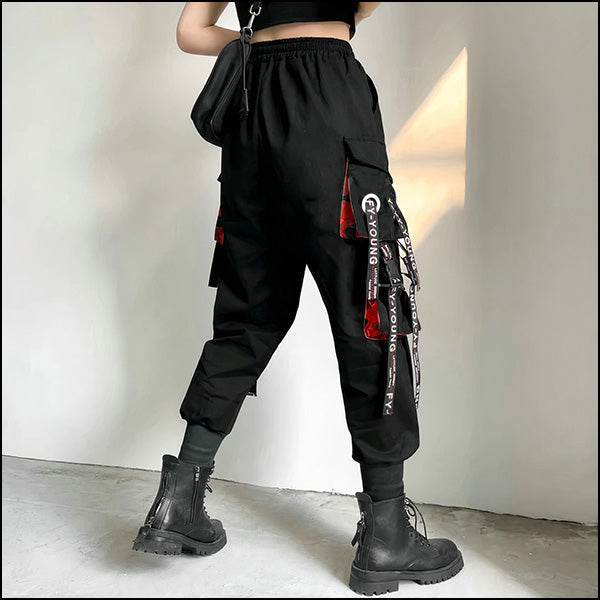 Black Techwear Cargo Joggers with Red Accents