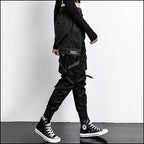 Black Utility Cargo Jogger Pants with Decorative Straps