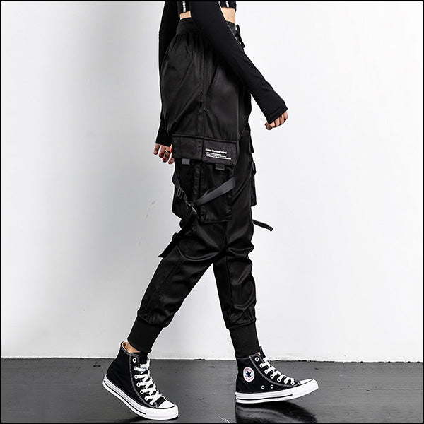Black Utility Cargo Jogger Pants with Decorative Straps