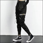 Black Utility Cargo Jogger Pants with Decorative Straps