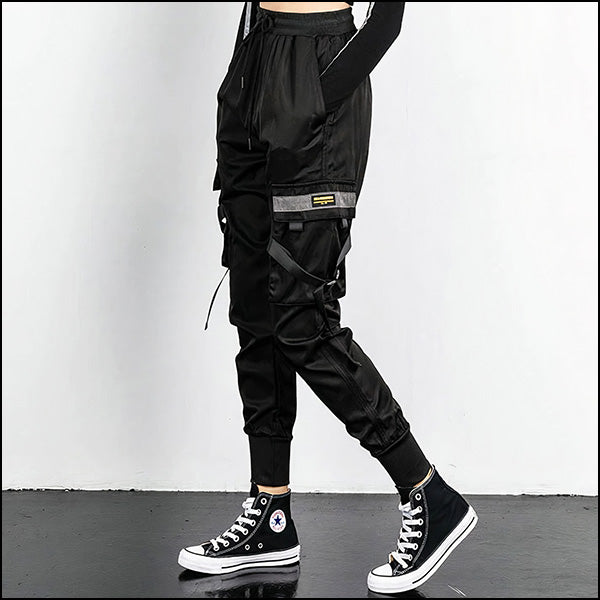 Black Utility Cargo Jogger Pants with Decorative Straps