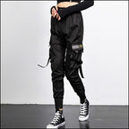 Black Utility Cargo Jogger Pants with Decorative Straps