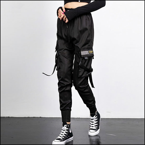 Black Utility Cargo Jogger Pants with Decorative Straps