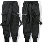 Black Utility Cargo Jogger Pants with Decorative Straps
