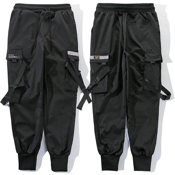 Black Utility Cargo Jogger Pants with Decorative Straps