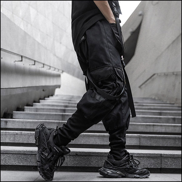 Men's Black Strapped Techwear Cargo Joggers