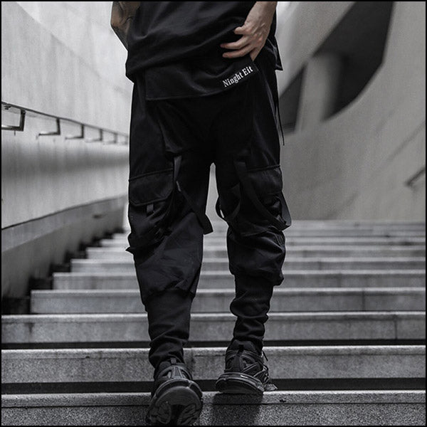 Men's Black Strapped Techwear Cargo Joggers