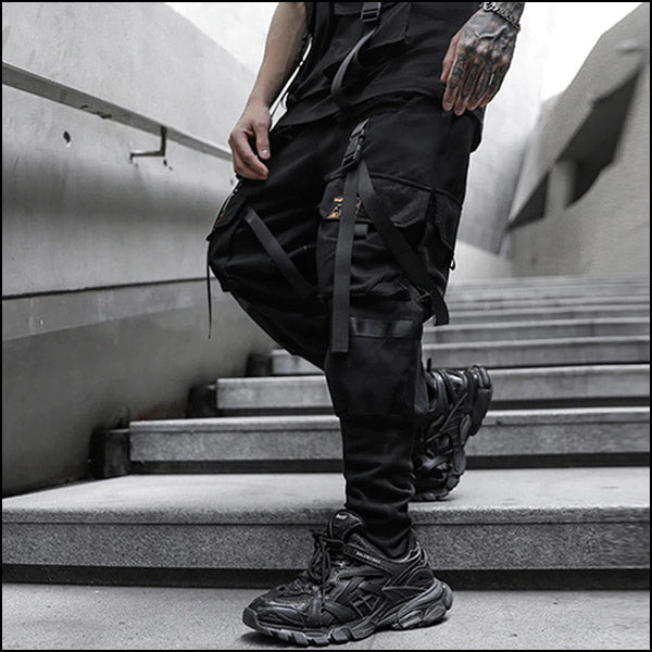 Men's Black Strapped Techwear Cargo Joggers