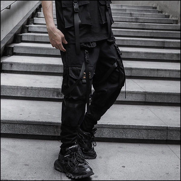Men's Black Strapped Techwear Cargo Joggers