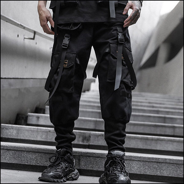 Tactical Black Cargo Pants with Straps