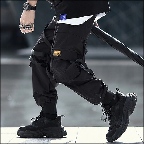 Men's Black Techwear Cargo Pants with Straps