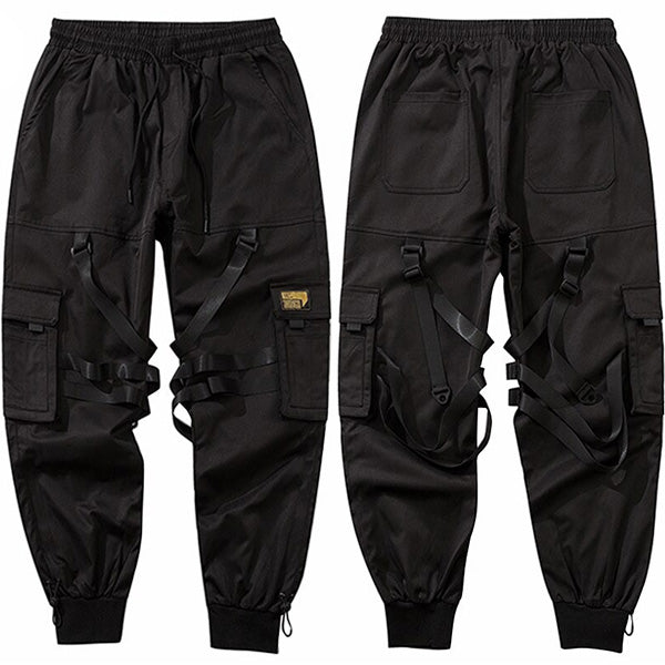 Men's Black Techwear Cargo Pants with Straps