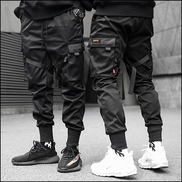Black Techwear Cargo Joggers with Buckle Straps