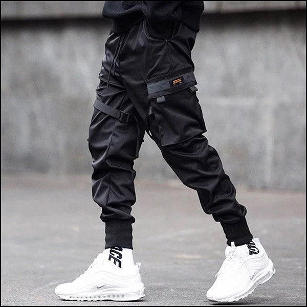 Black Techwear Cargo Joggers with Buckle Straps