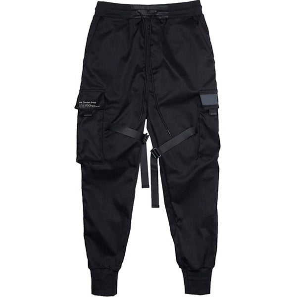 Black Techwear Cargo Joggers with Buckle Straps