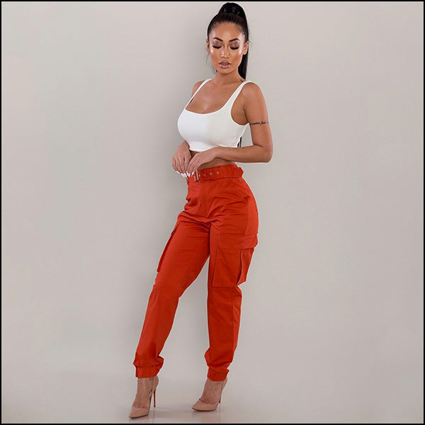 Burnt Orange Belted High-Waisted Cargo Joggers