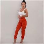 Burnt Orange Belted High-Waisted Cargo Joggers
