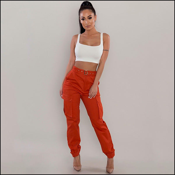 Burnt Orange Belted High-Waisted Cargo Joggers