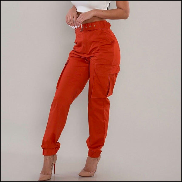 Burnt Orange Belted High-Waisted Cargo Joggers