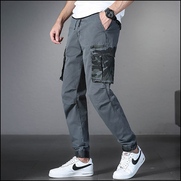 Men's Grey Cargo Jogger Pants with Dark Camo Pockets