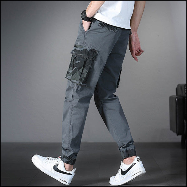 Men's Grey Cargo Jogger Pants with Dark Camo Pockets
