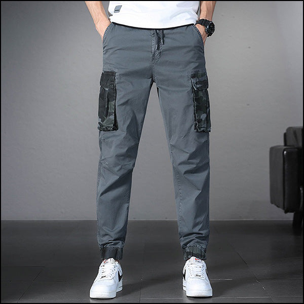 Men's Grey Cargo Jogger Pants with Dark Camo Pockets