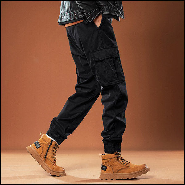 Men's Tapered Black Cargo Jogger Pants with Drawstring