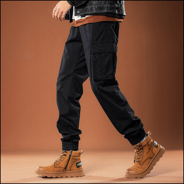 Men's Tapered Black Cargo Jogger Pants with Drawstring