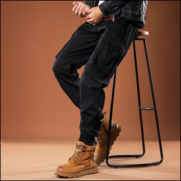 Men's Tapered Black Cargo Jogger Pants with Drawstring
