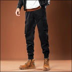 Men's Tapered Black Cargo Jogger Pants with Drawstring