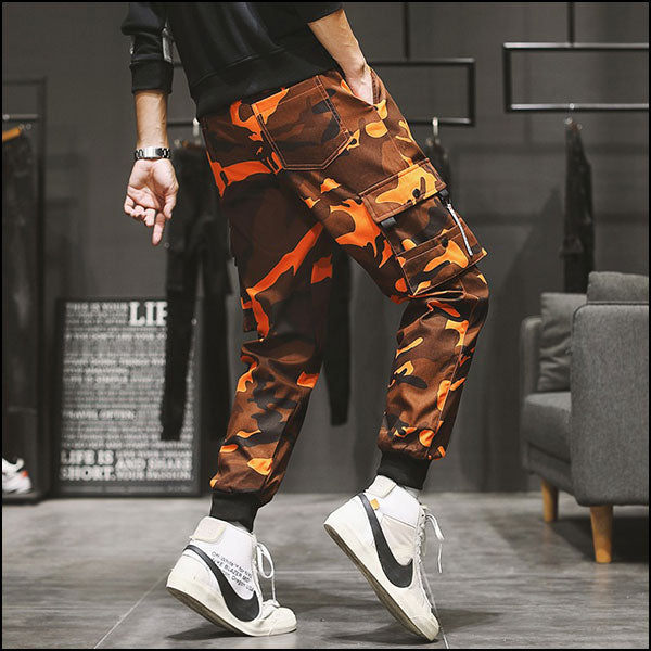 Men's Orange Camo Streetwear Cargo Joggers