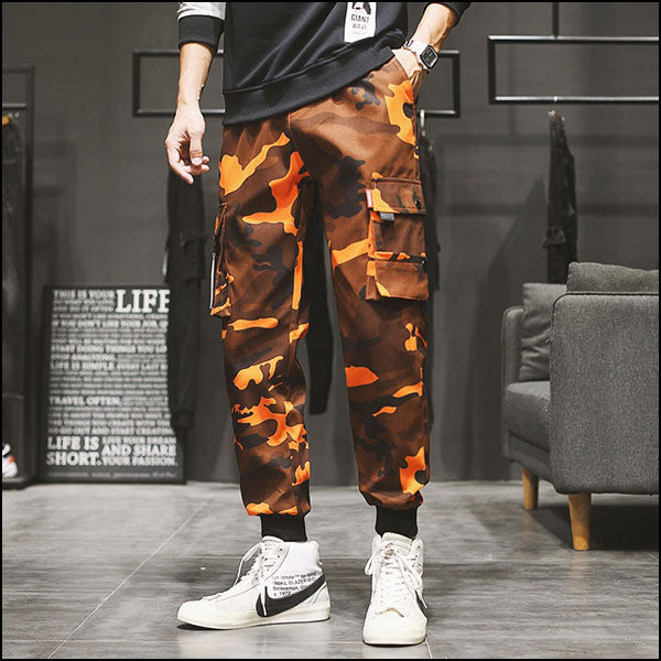 Men's Orange Camo Streetwear Cargo Joggers