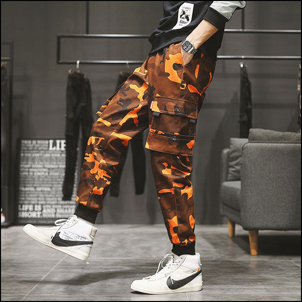 Men's Orange Camo Streetwear Cargo Joggers