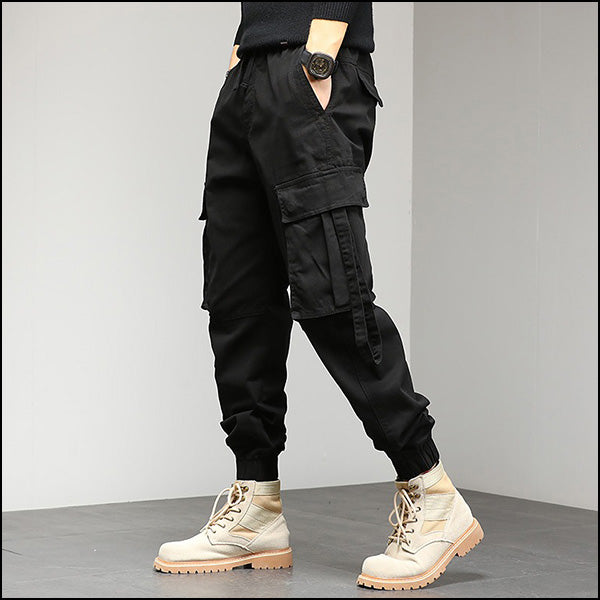 Black Tactical Cargo Jogger Pants with Straps
