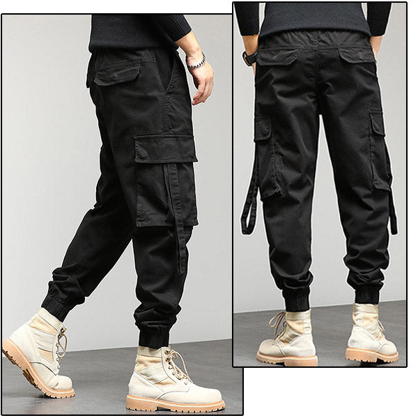 Black Tactical Cargo Jogger Pants with Straps