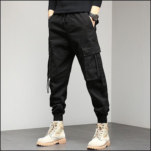 Black Tactical Cargo Jogger Pants with Straps