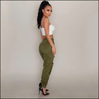Women's High Waisted Olive Green Cargo Jogger Pants with Belt