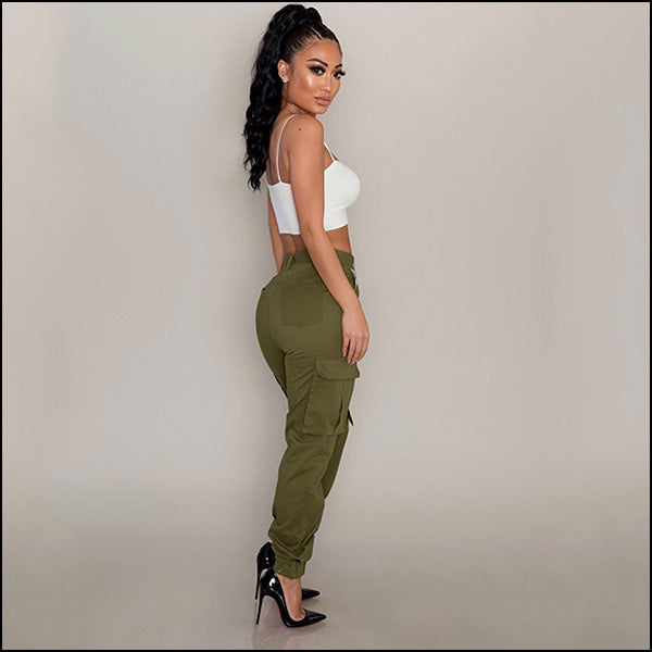 Women's High Waisted Olive Green Cargo Jogger Pants with Belt