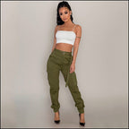 Women's High Waisted Olive Green Cargo Jogger Pants with Belt