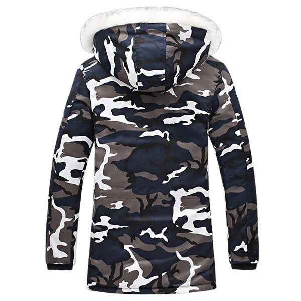 Men's Blue Camo Parka with White Faux Fur Hood