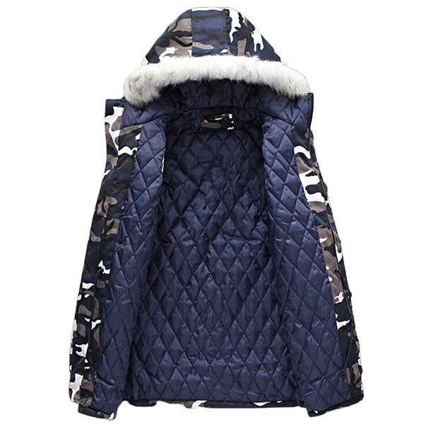 Men's Blue Camo Parka with White Faux Fur Hood
